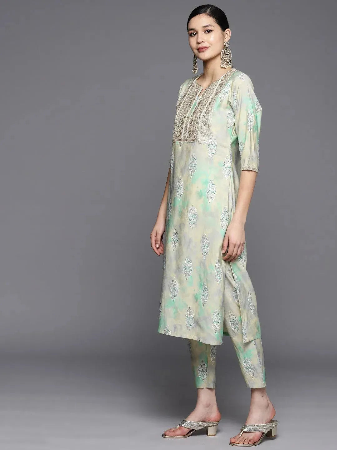 Green Yoke Design Silk Blend Straight Suit Set With Trousers - Libas 