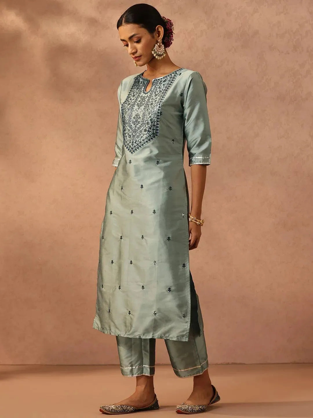 Green Yoke Design Silk Blend Suit Set With Trousers - Libas 