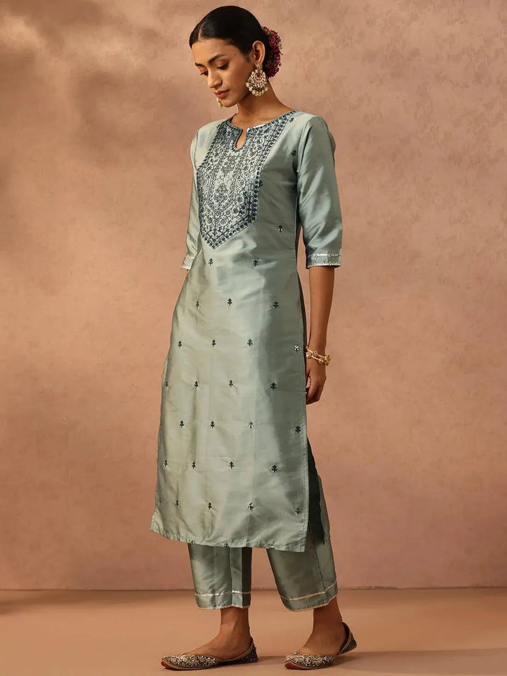 Green Yoke Design Silk Blend Suit Set With Trousers - Libas