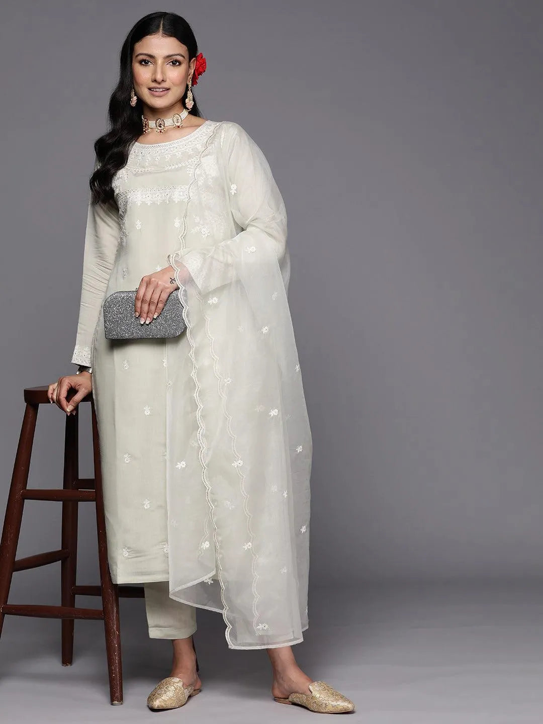 Green Yoke Design Silk Blend Straight Suit Set With Trousers - Libas 