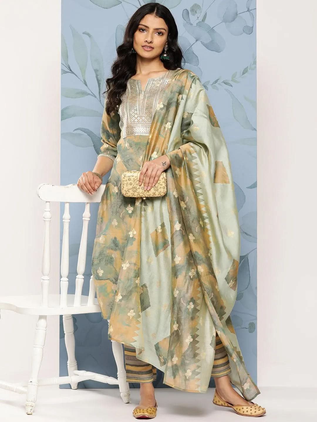 Green Yoke Design Silk Blend Straight Suit Set With Trousers - Libas 