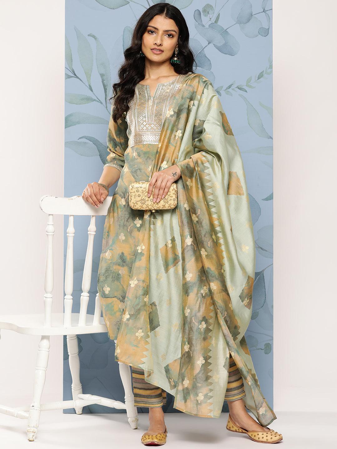 Green Yoke Design Silk Blend Straight Suit Set With Trousers - Libas