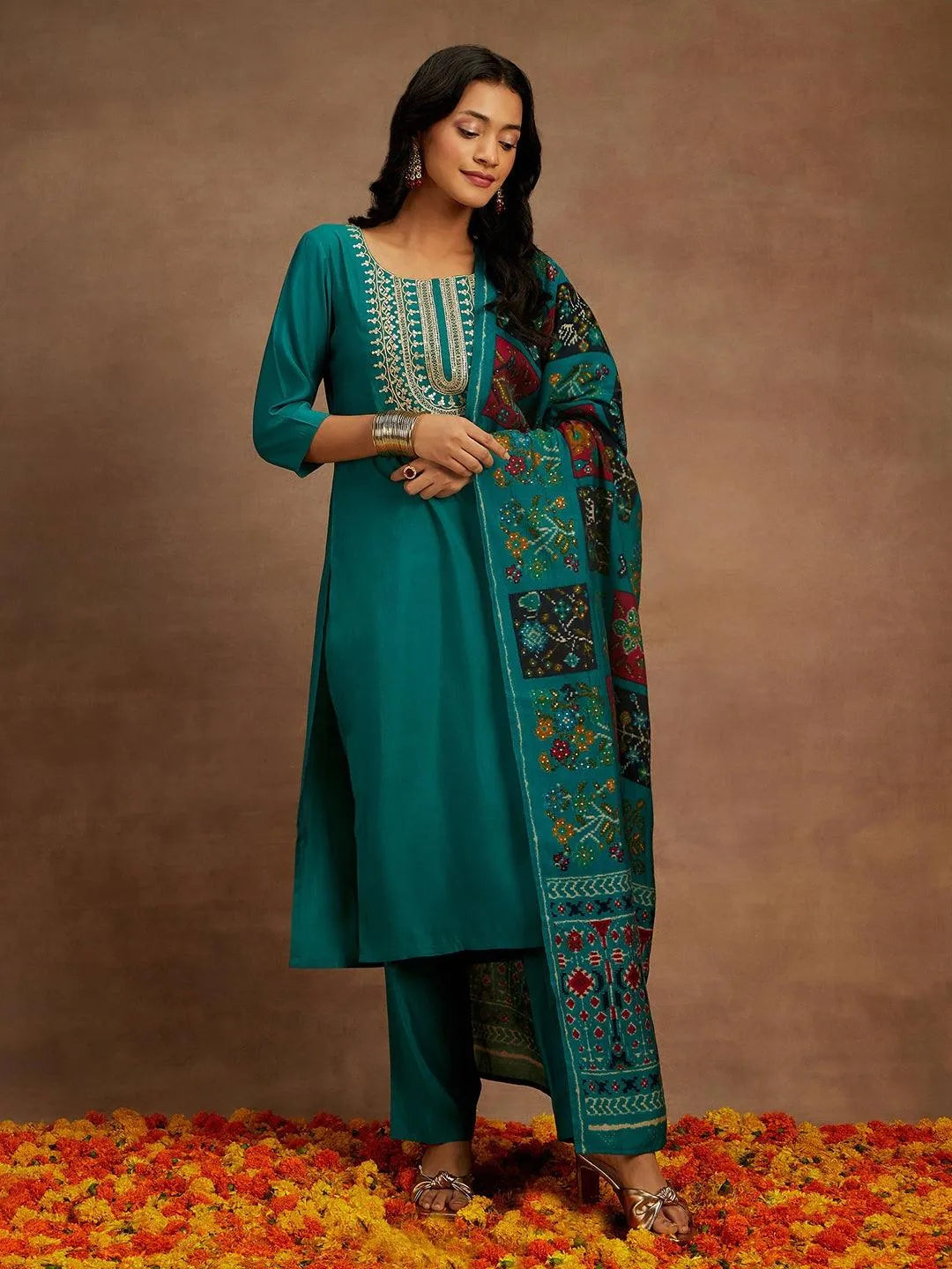 Green Yoke Design Silk Blend Straight Kurta With Trousers & Dupatta - Libas 