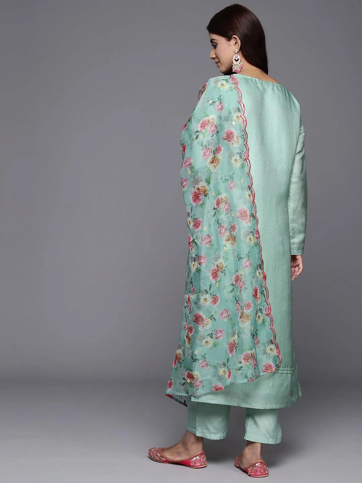 Green Yoke Design Silk Blend Straight Kurta With Trousers & Dupatta - Libas