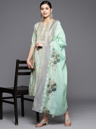 Green Yoke Design Silk Blend Straight Suit Set With Trousers - Libas