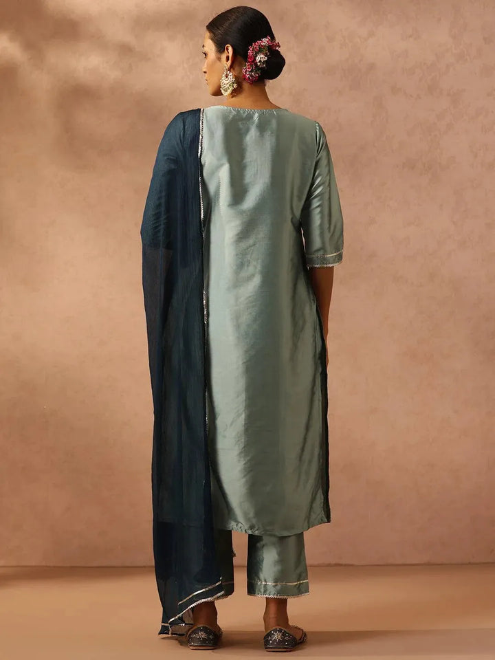 Green Yoke Design Silk Blend Suit Set With Trousers - Libas