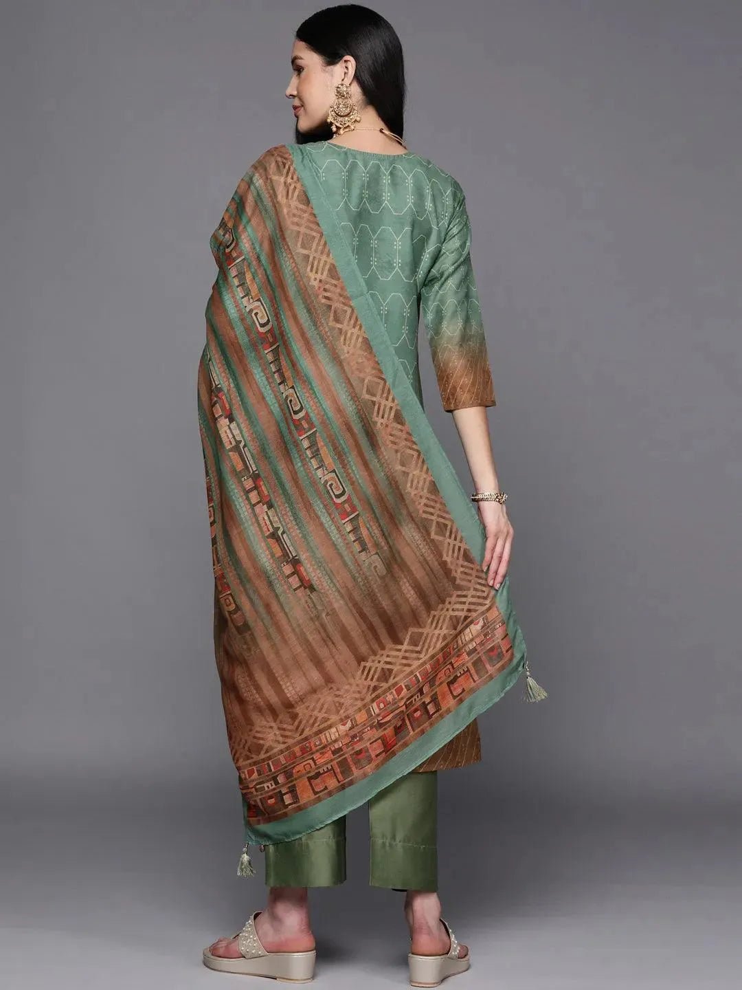 Green Yoke Design Silk Blend Suit Set With Trousers - Libas