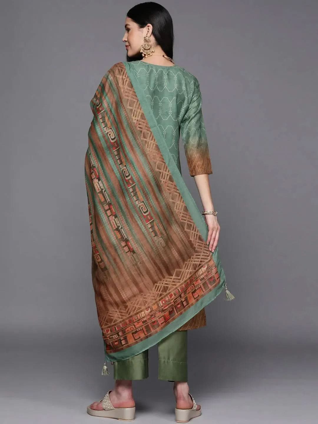 

Green Yoke Design Silk Blend Straight Kurta With Trousers & Dupatta