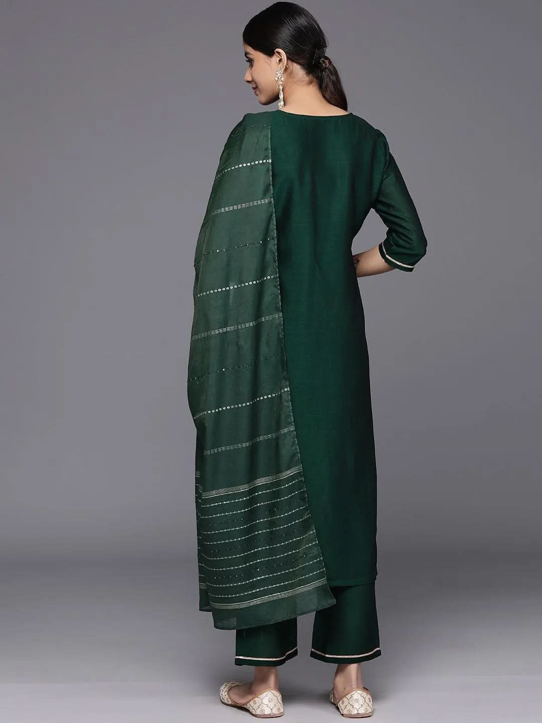 Green Yoke Design Silk Blend Straight Kurta With Trousers & Dupatta - Libas 
