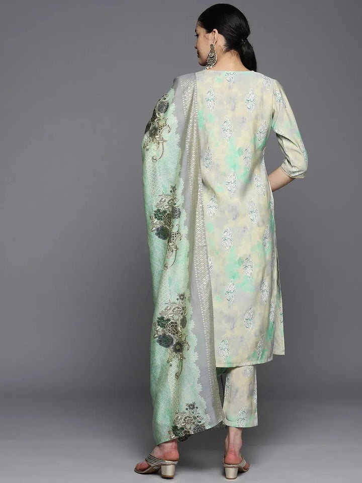 Green Yoke Design Silk Blend Straight Suit Set With Trousers - Libas