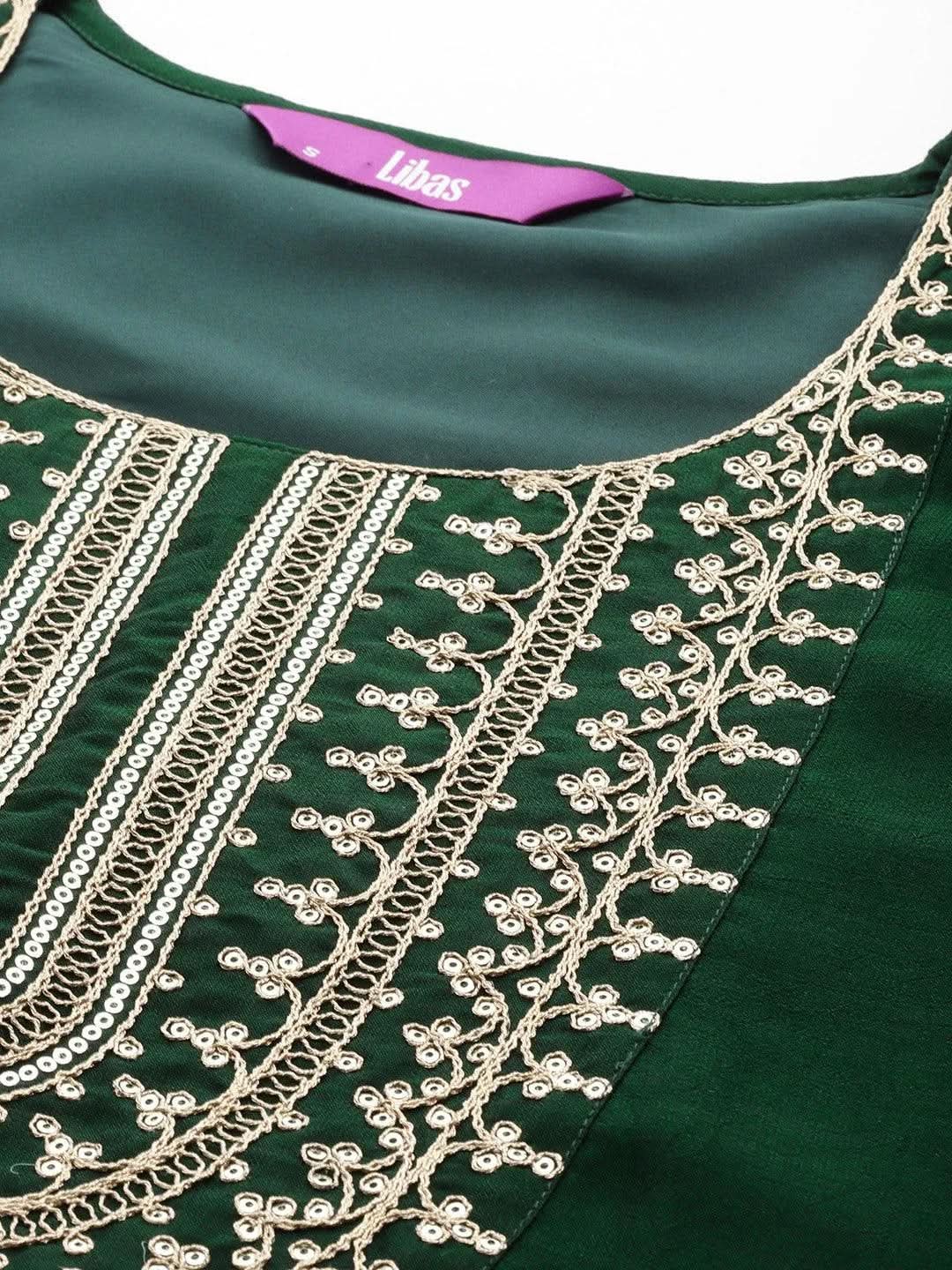 Green Yoke Design Silk Blend Straight Kurta With Trousers & Dupatta - Libas 