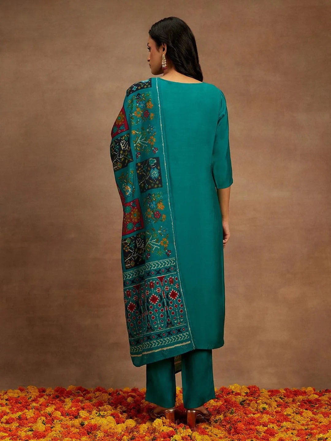 Green Yoke Design Silk Blend Straight Kurta With Trousers & Dupatta - Libas 