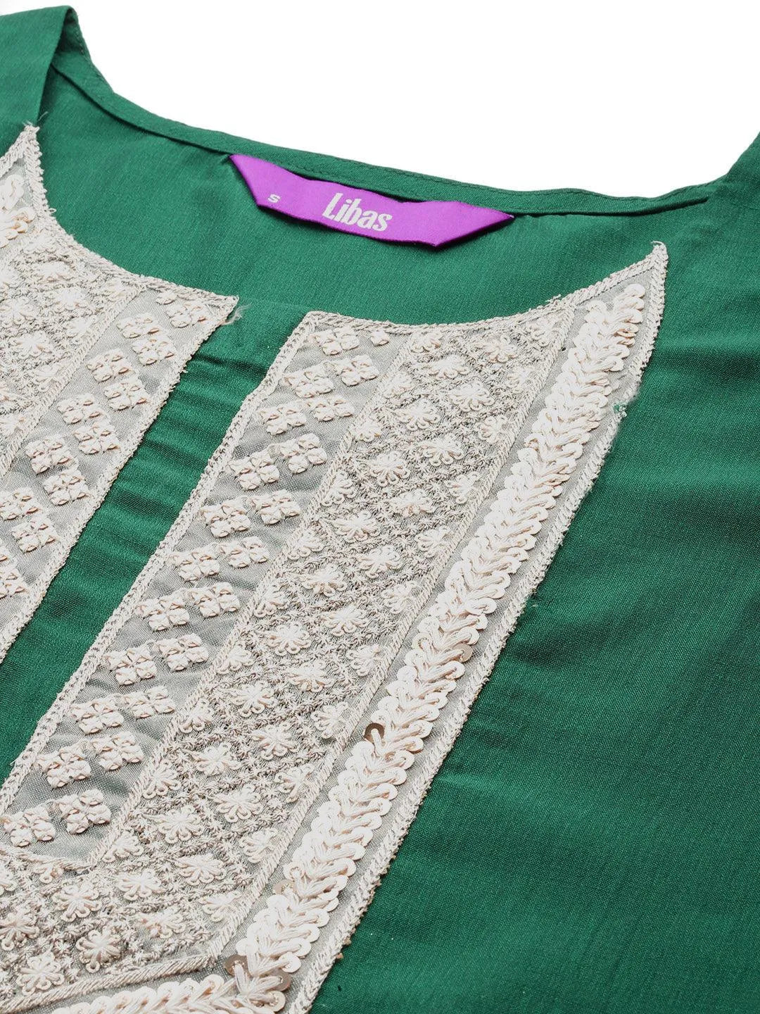 Green Yoke Design Silk Blend Straight Kurta With Trousers & Dupatta - Libas 