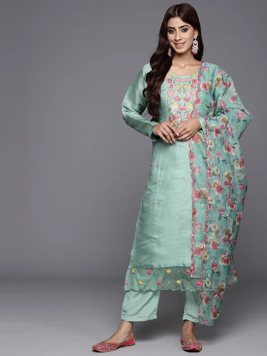 Green Yoke Design Silk Blend Straight Kurta With Trousers & Dupatta - Libas