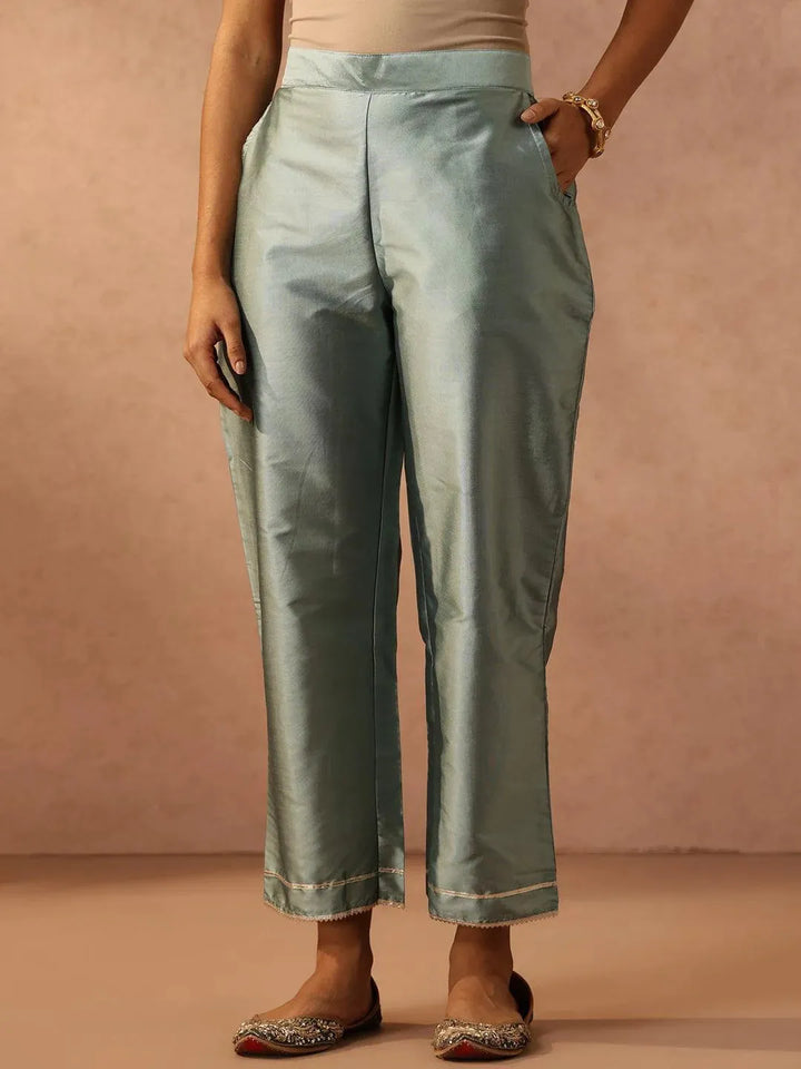 Green Yoke Design Silk Blend Suit Set With Trousers - Libas