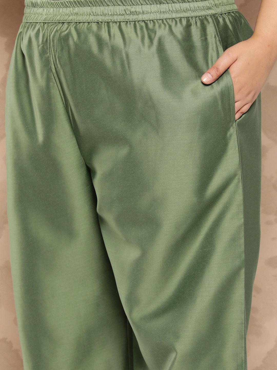 Green Yoke Design Silk Blend Straight Kurta With Trousers and Dupatta - Libas