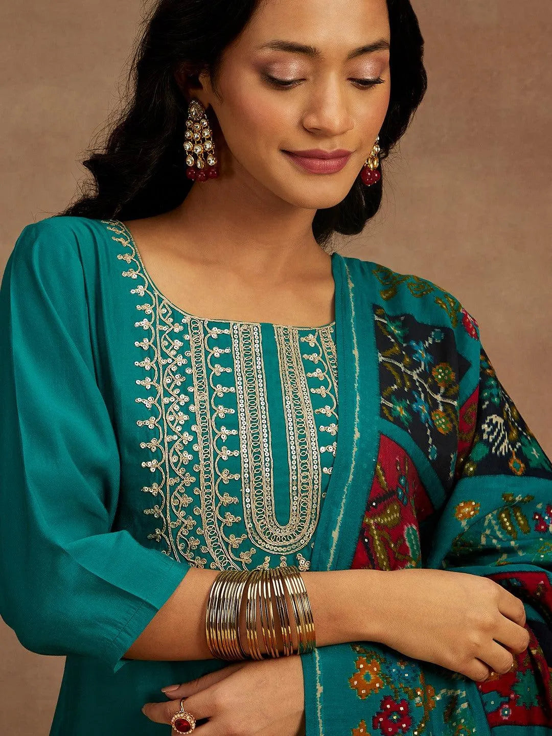 Green Yoke Design Silk Blend Straight Kurta With Trousers & Dupatta - Libas 