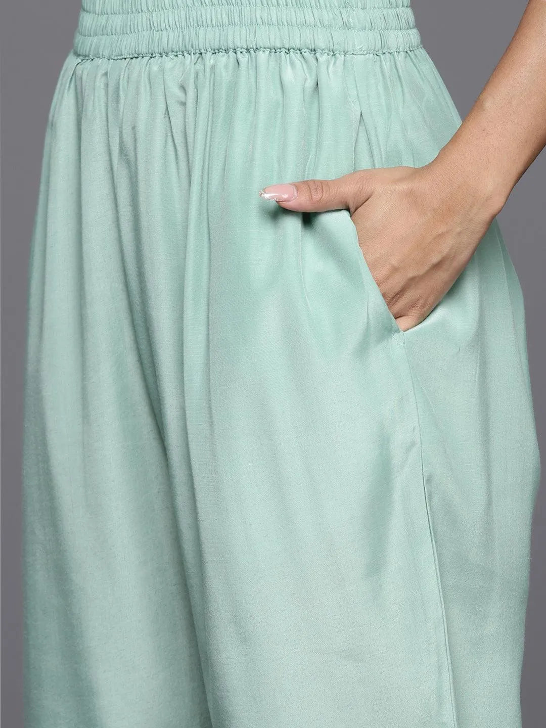 Green Yoke Design Silk Blend Straight Kurta With Trousers & Dupatta - Libas 