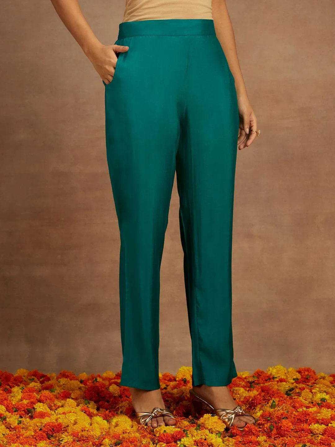 Green Yoke Design Silk Blend Straight Kurta With Trousers & Dupatta - Libas 