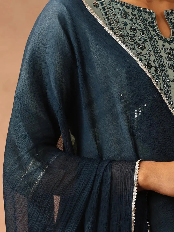 Green Yoke Design Silk Blend Suit Set With Trousers - Libas