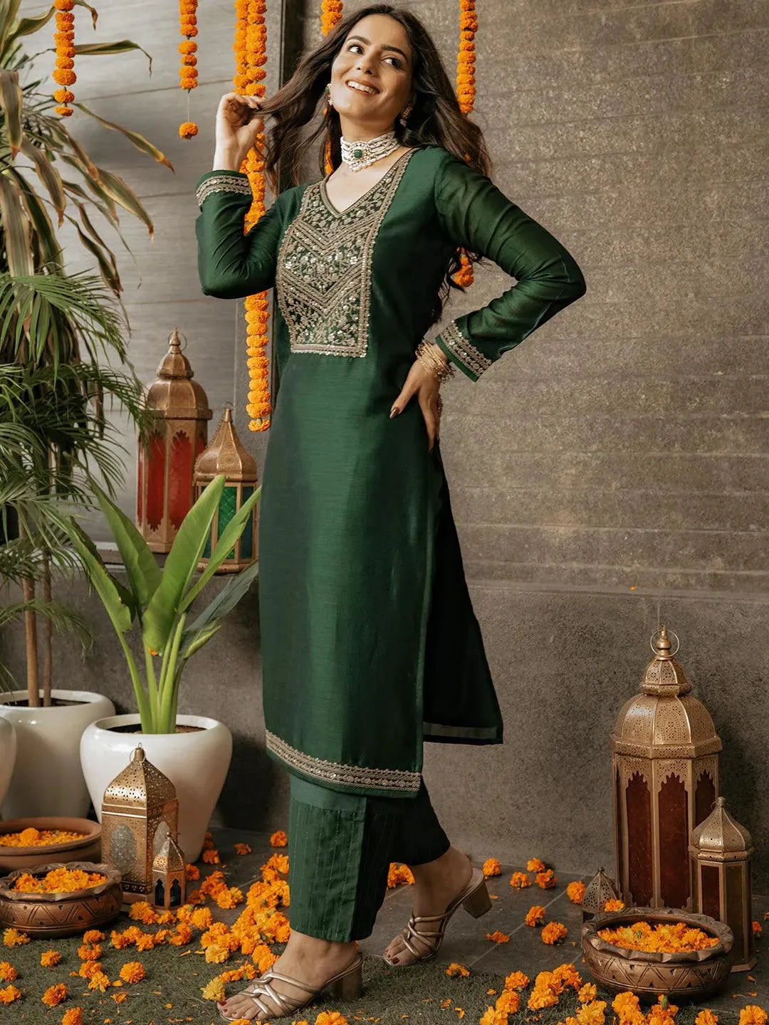 Green Yoke Design Silk Kurta - Libas