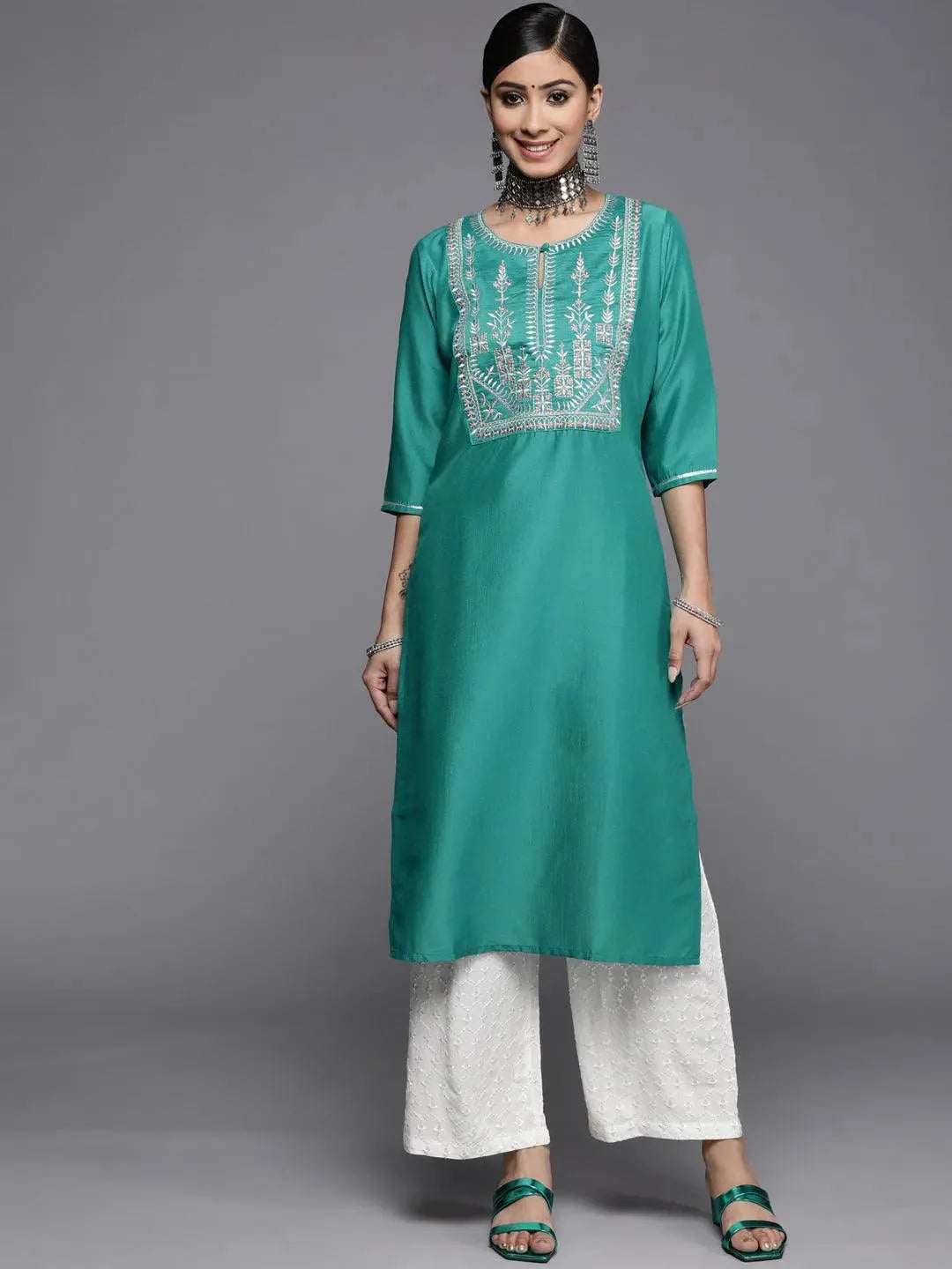 Green Yoke Design Silk Kurta - Libas