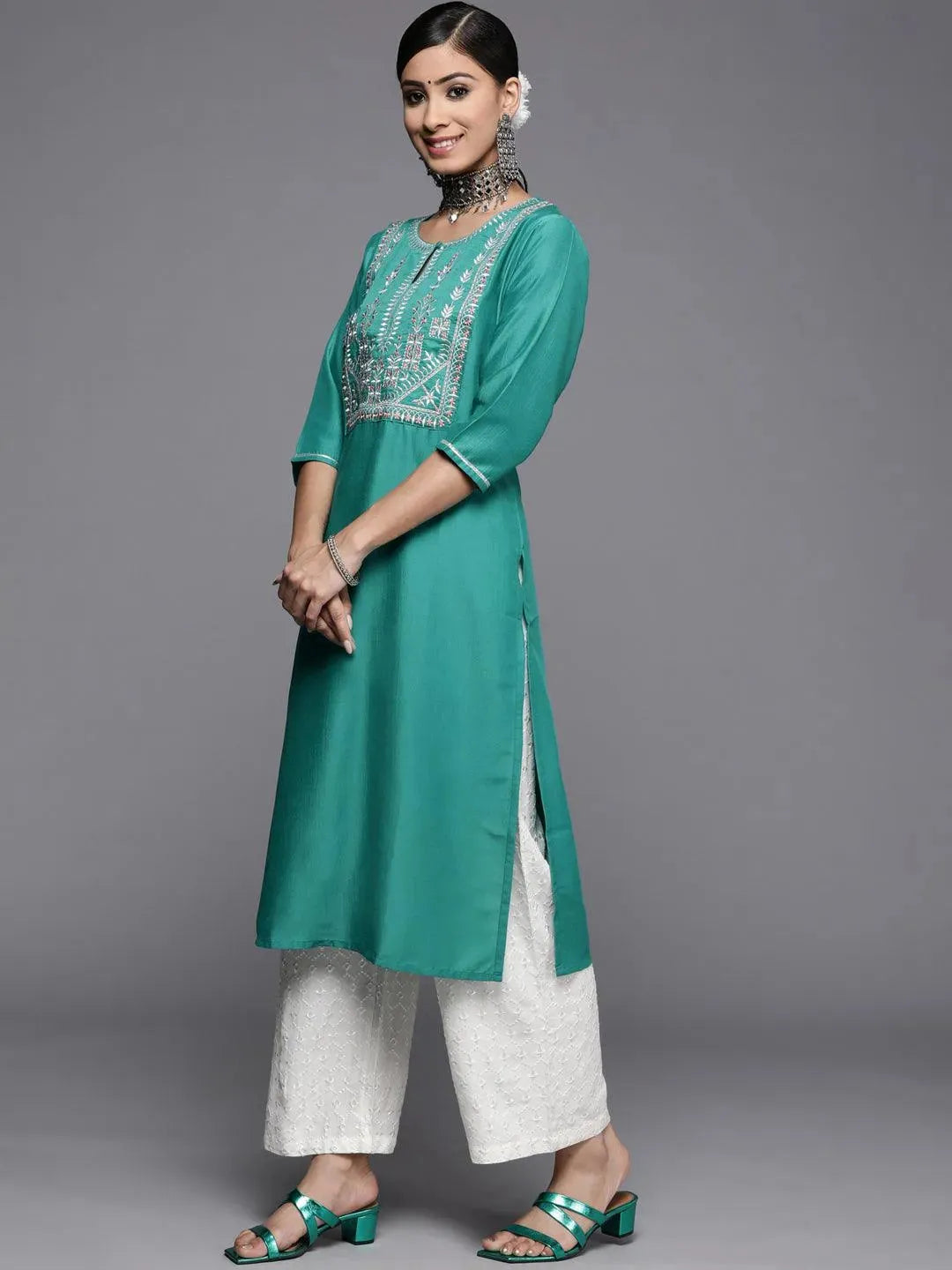 Green Yoke Design Silk Kurta - Libas 