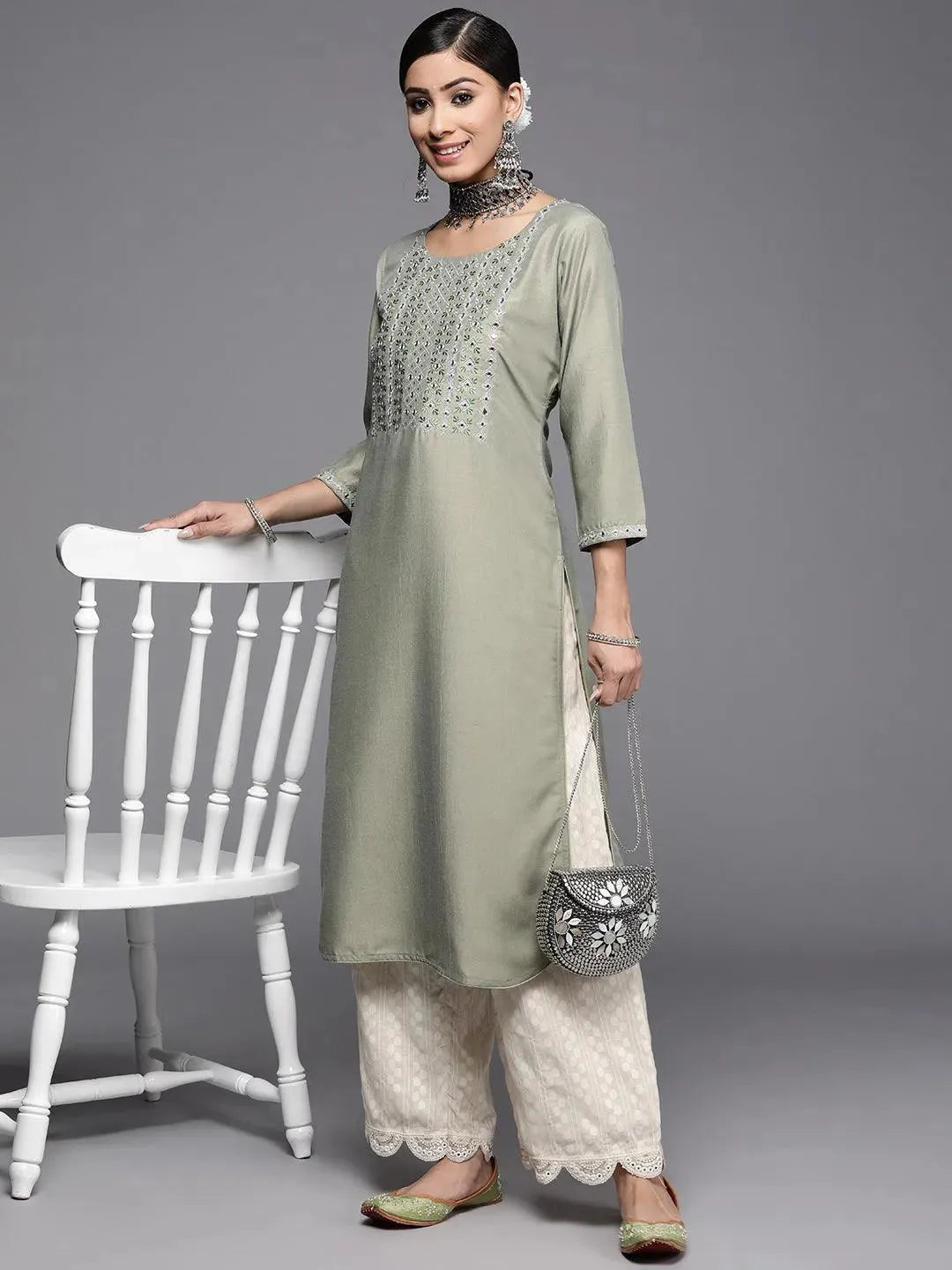 Green Yoke Design Silk Kurta - Libas