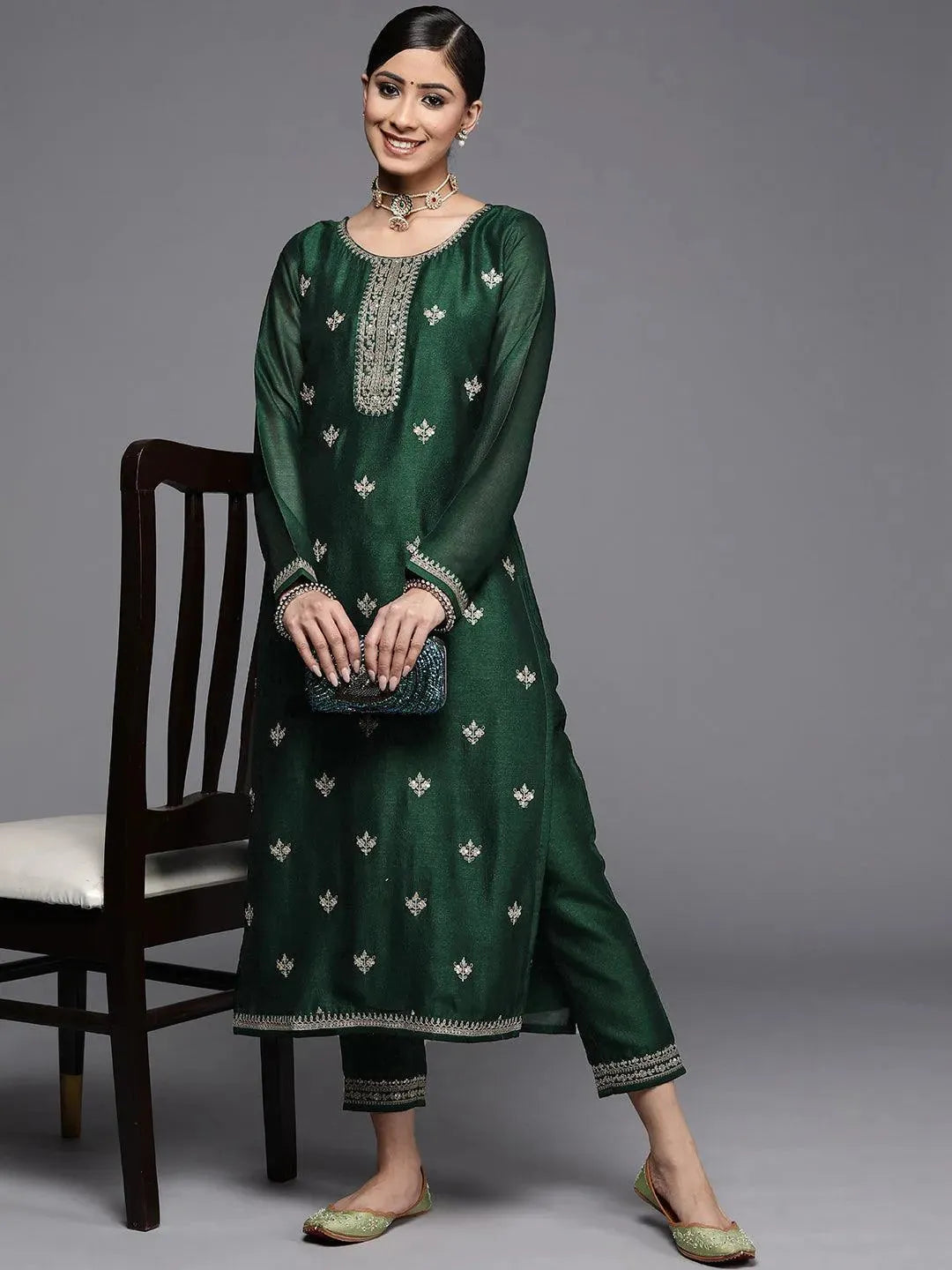 Green Yoke Design Silk Kurta - Libas 
