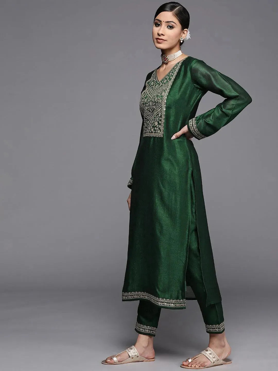 Green Yoke Design Silk Kurta - Libas