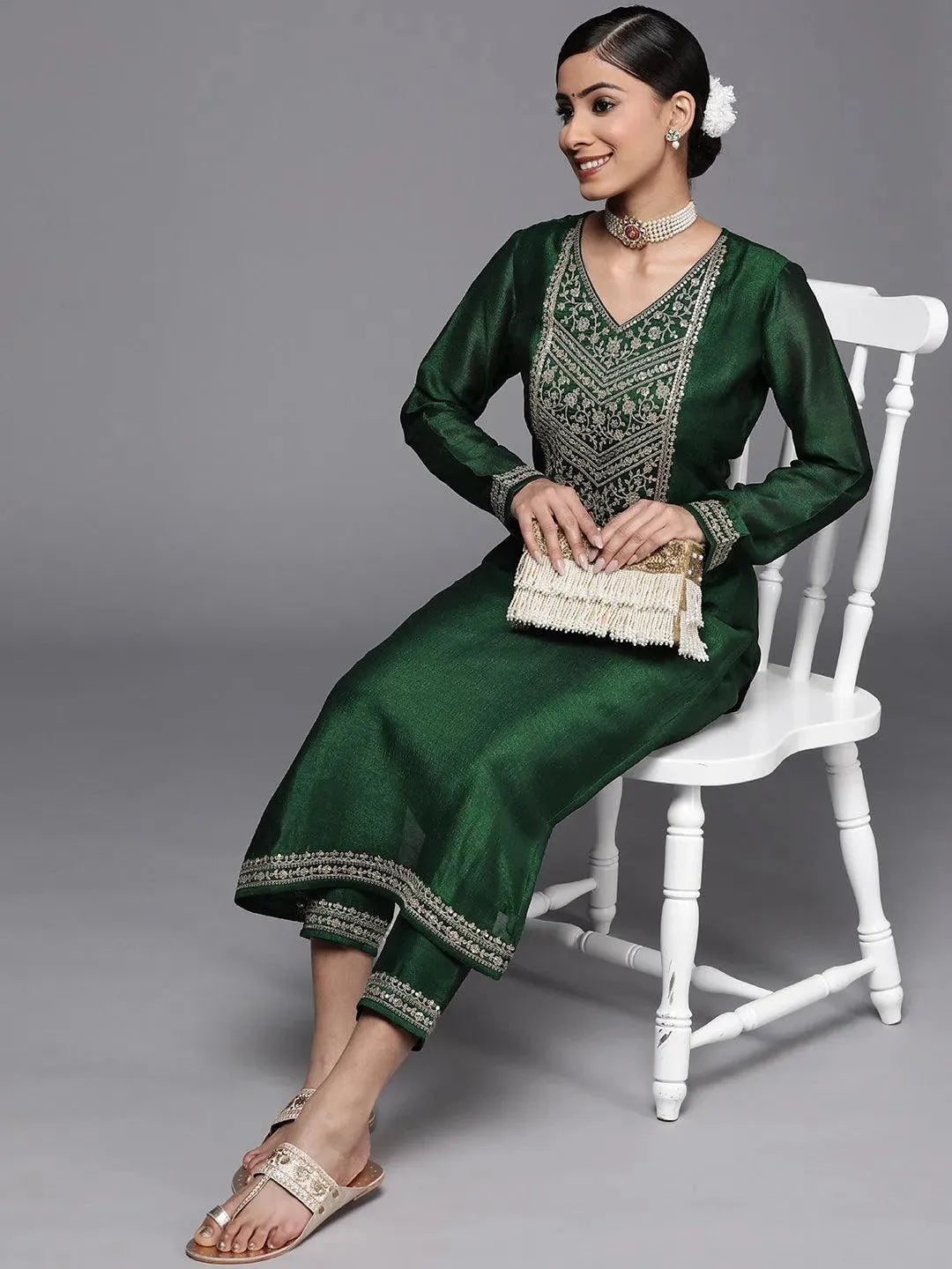 Green Yoke Design Silk Kurta - Libas