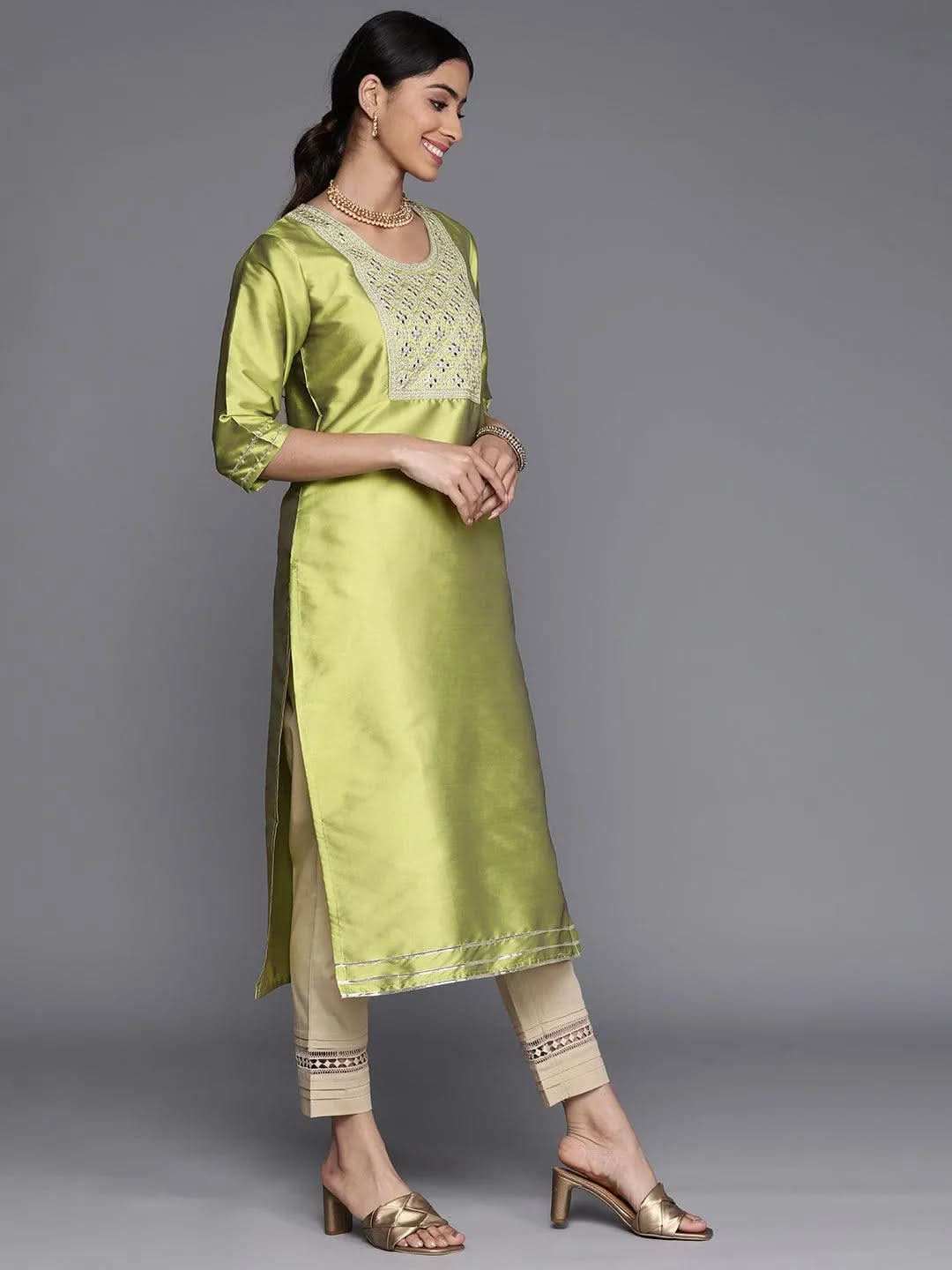 Green Yoke Design Silk Straight Kurta - Libas 