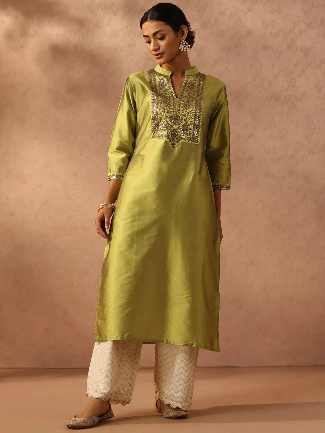 Green Yoke Design Silk Straight Kurta - Libas 