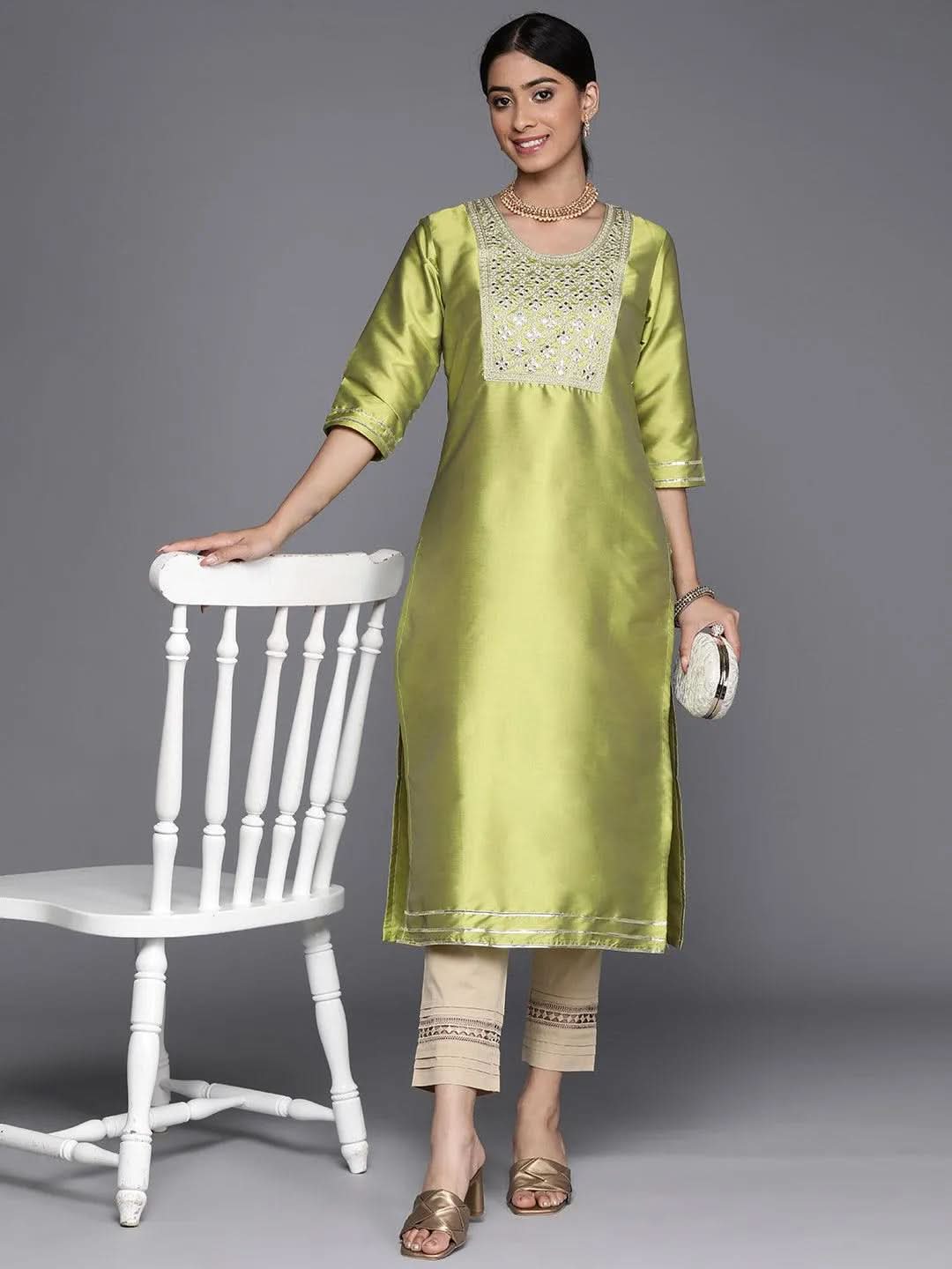 Green Yoke Design Silk Straight Kurta - Libas 