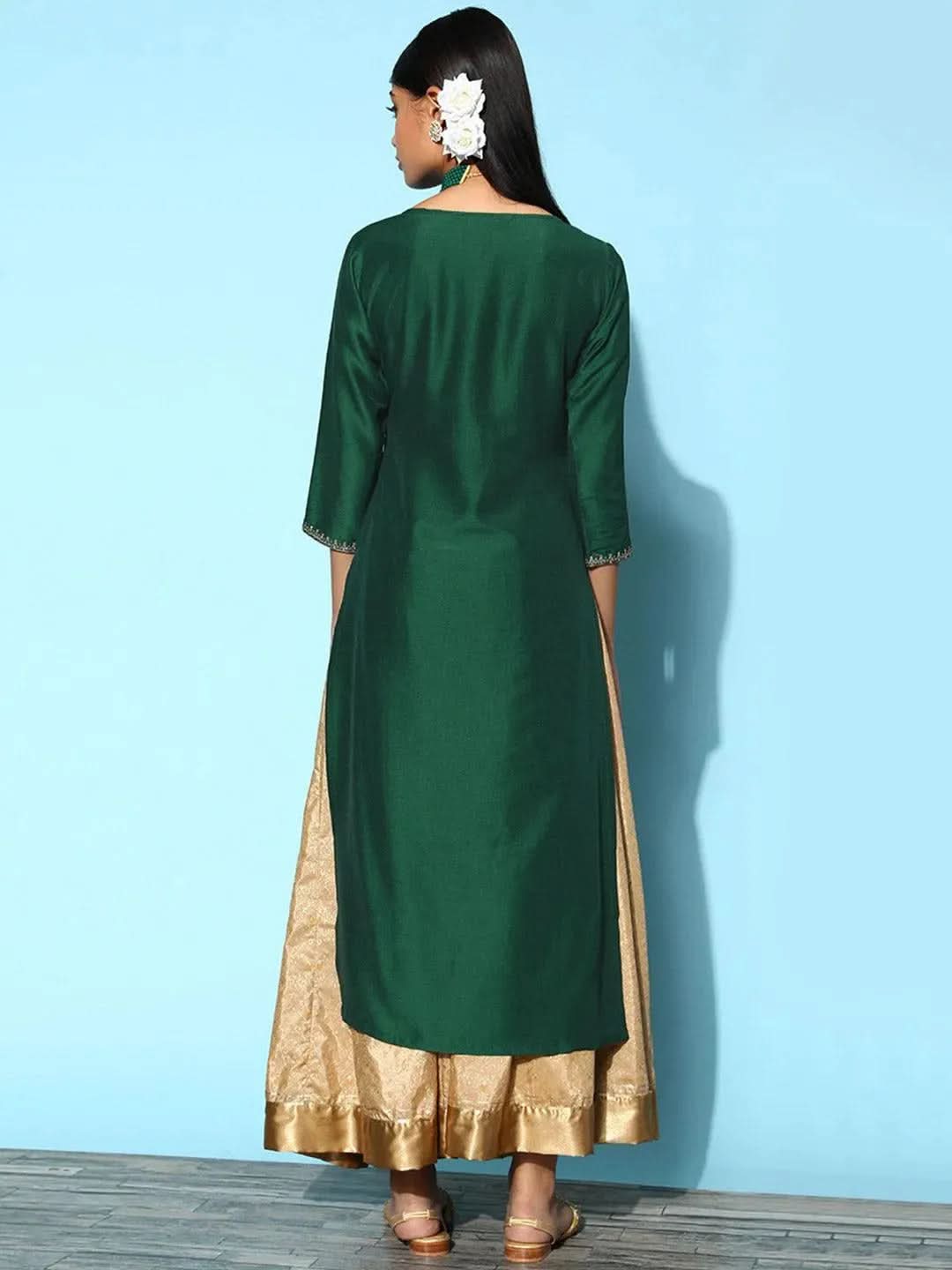 Green Yoke Design Silk Straight Kurta - Libas 