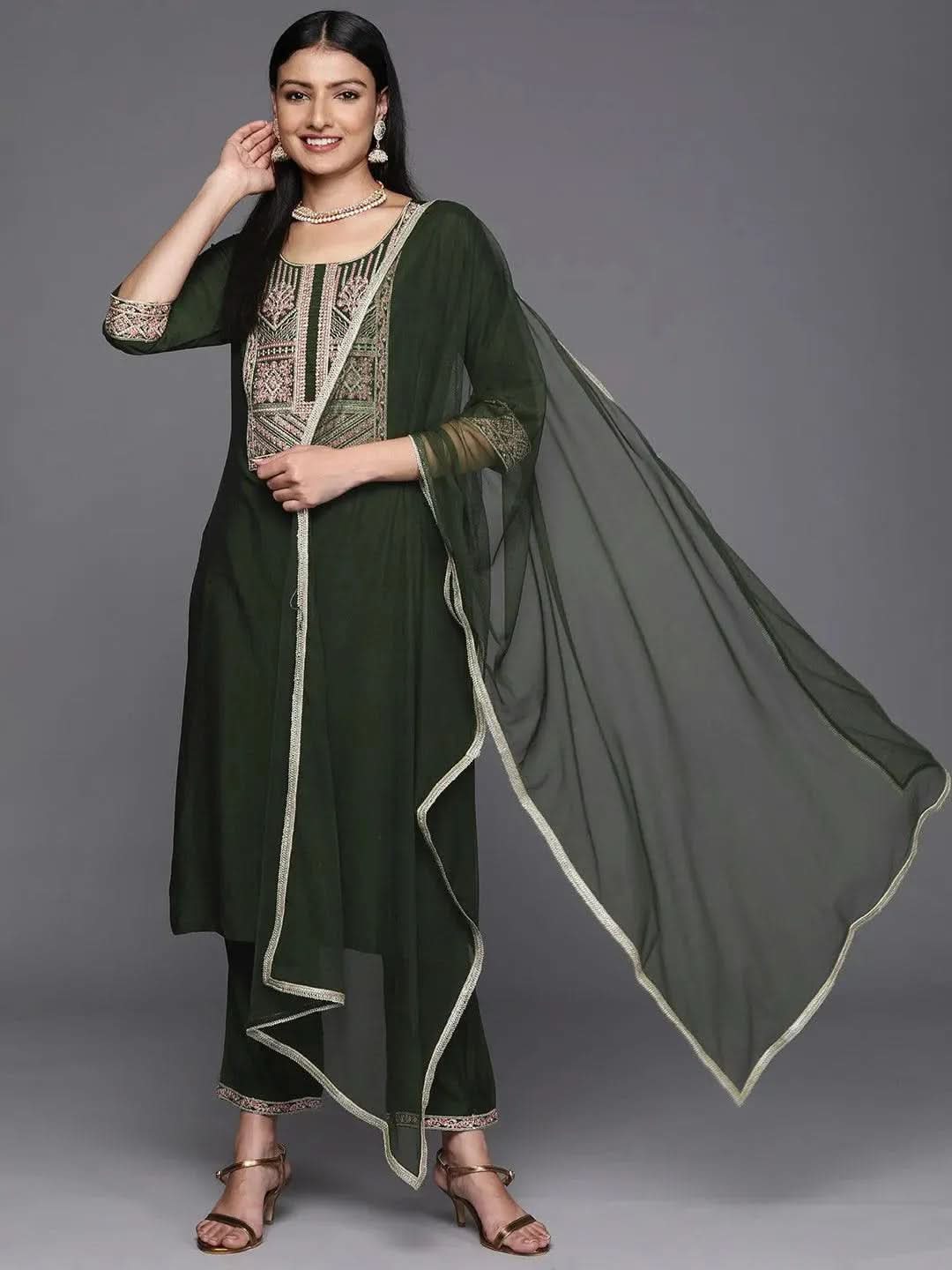 Green Yoke Design Silk Design Suit Set With Trousers - Libas 