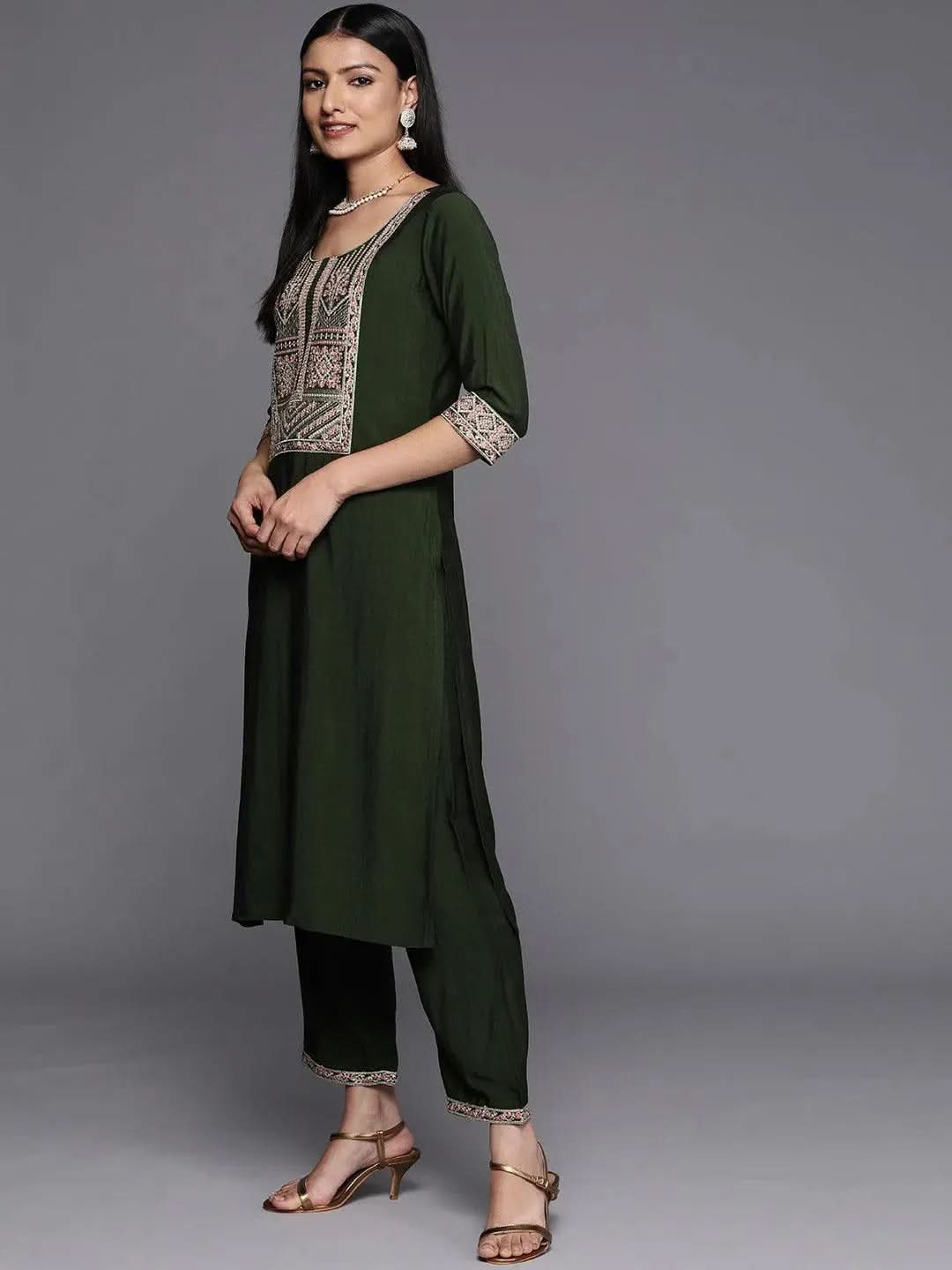Green Yoke Design Silk Design Suit Set With Trousers - Libas 