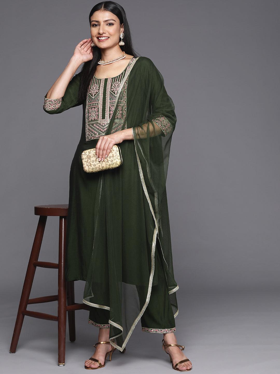 Green Yoke Design Silk Design Suit Set With Trousers - Libas