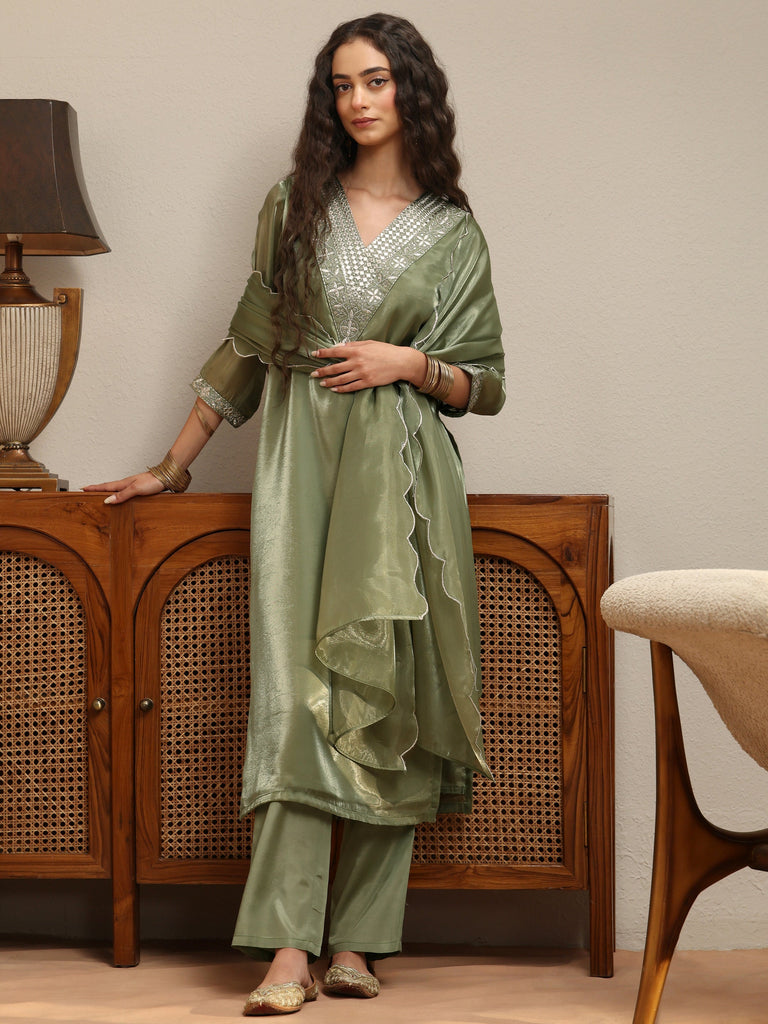 Gerua Green Yoke Design Tissue Straight Suit Set