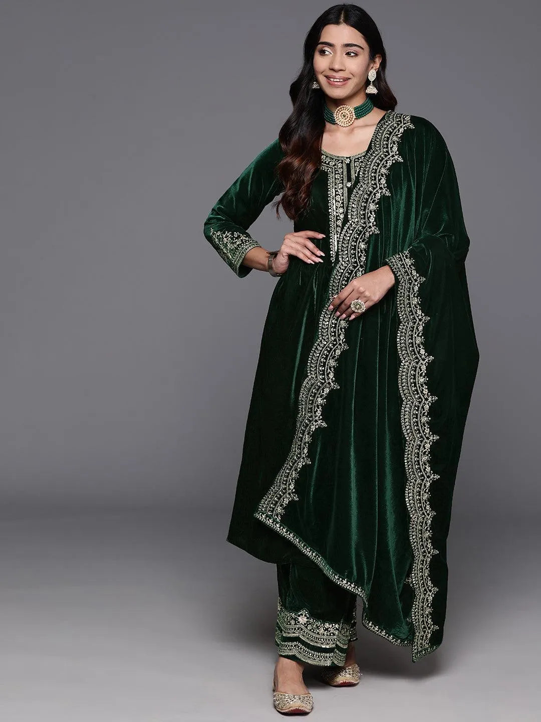 Green Yoke Design Velvet A-Line Kurta With Palazzos & Dupatta - Libas 