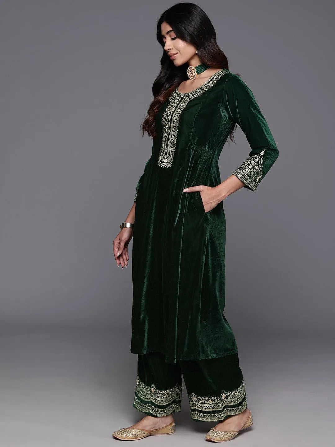 Green Yoke Design Velvet A-Line Kurta With Palazzos & Dupatta - Libas 