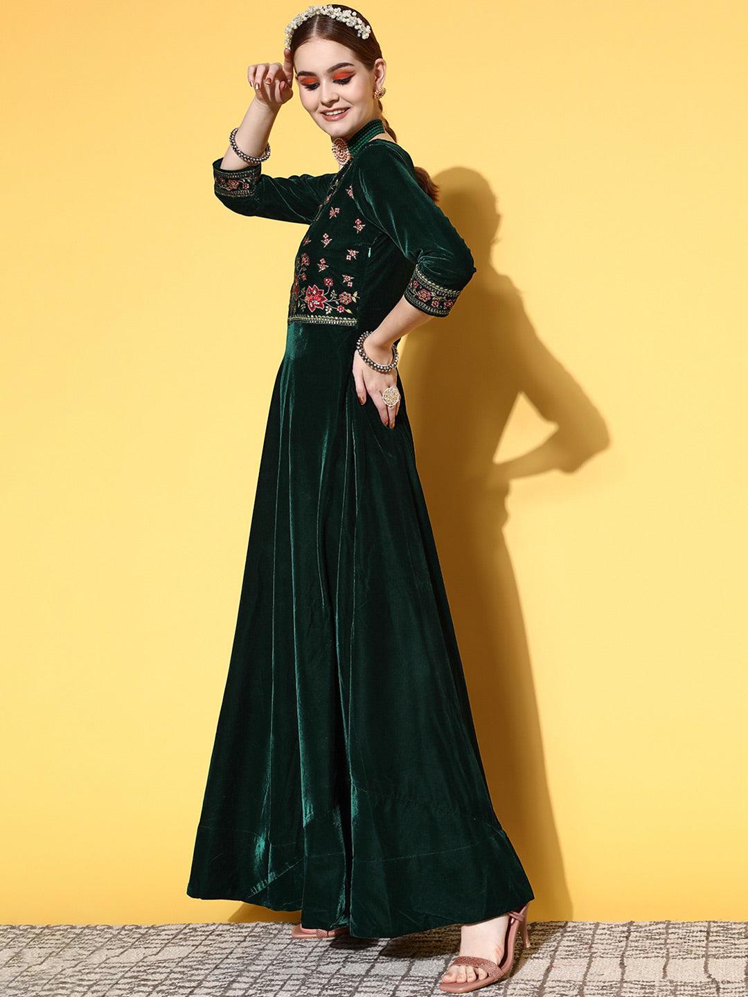 Green Yoke Design Velvet Anarkali Suit Set - Libas