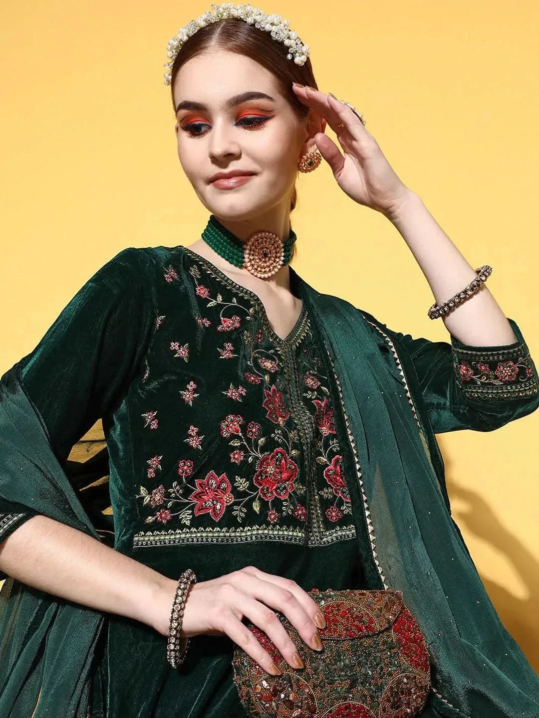 

Green Yoke Design Velvet Anarkali Kurta With Churidar & Dupatta