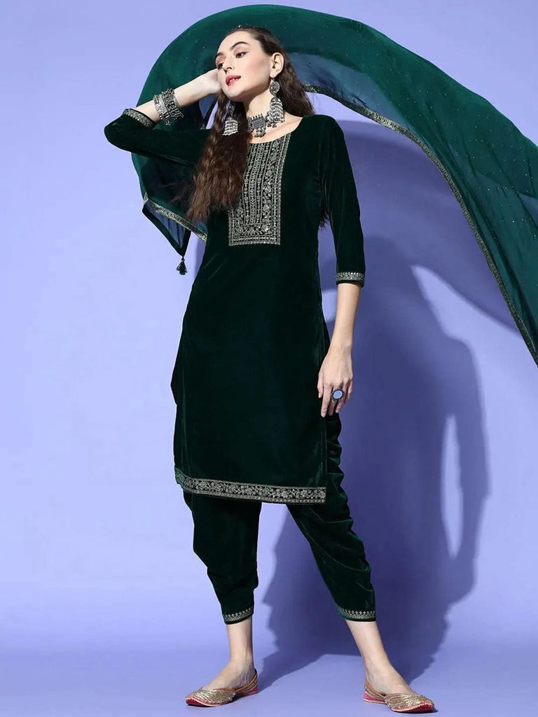 Libas Green Yoke Design Velvet Straight Kurta With Dhoti Pant & Dupatta