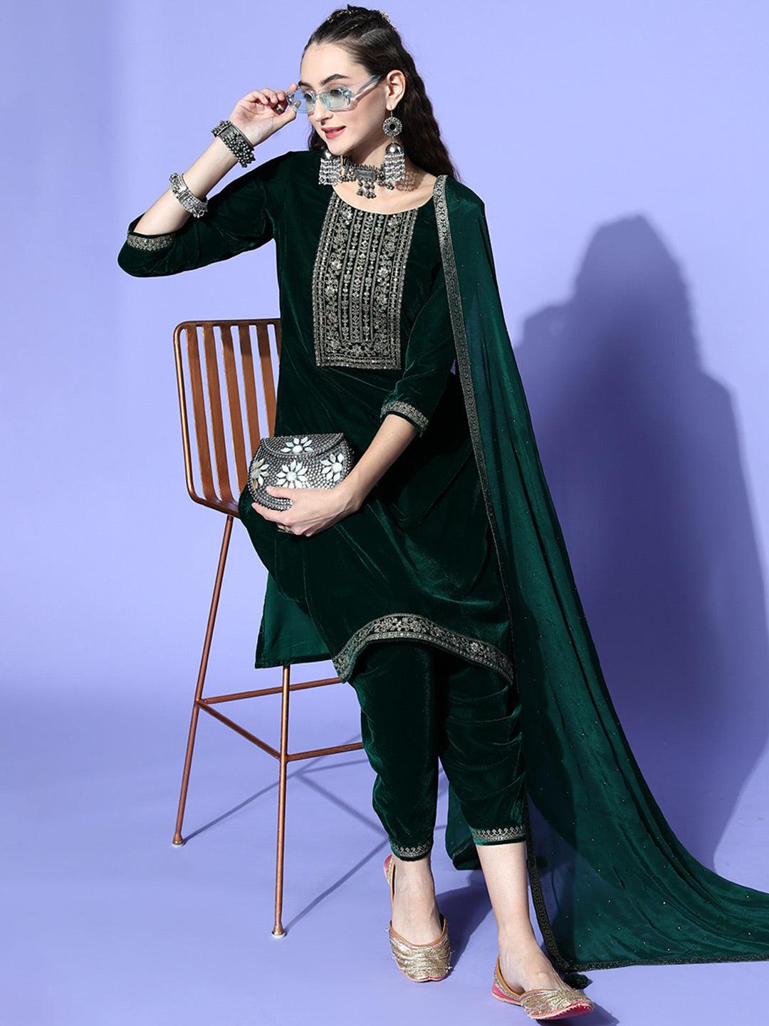 Green Yoke Design Velvet Straight Kurta With Dhoti Pant & Dupatta