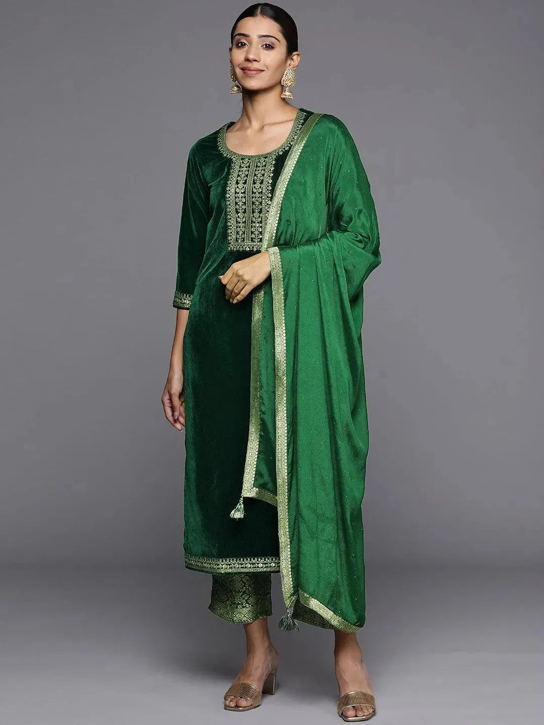 Green Yoke Design Velvet Straight Suit Set - Libas