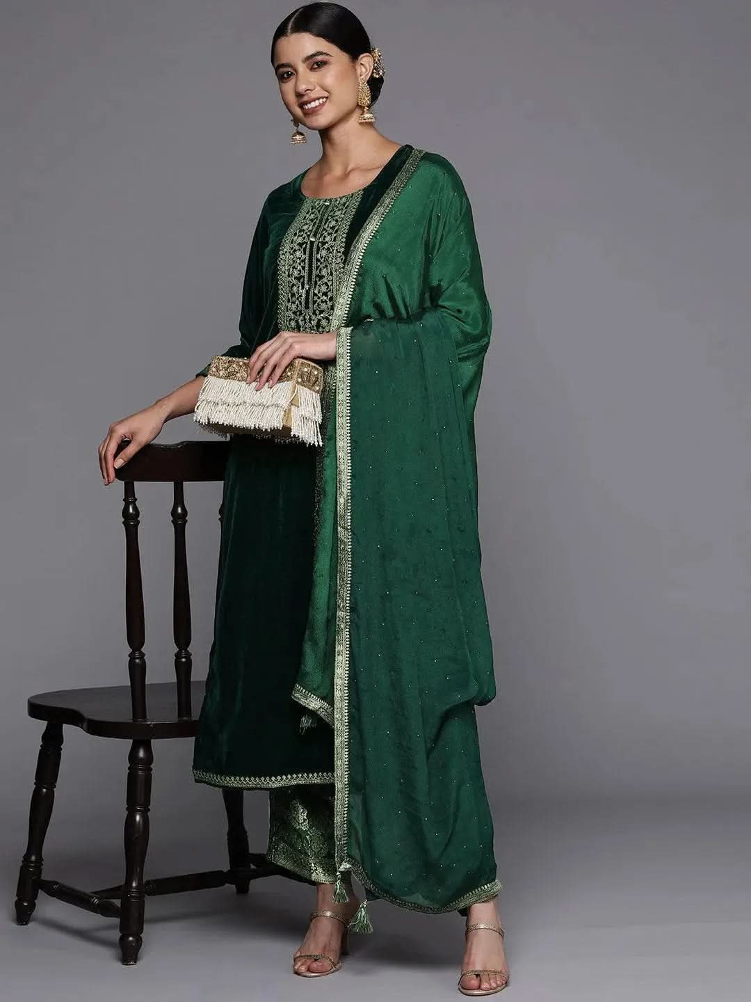 

Green Yoke Design Velvet Straight Kurta With Dupatta