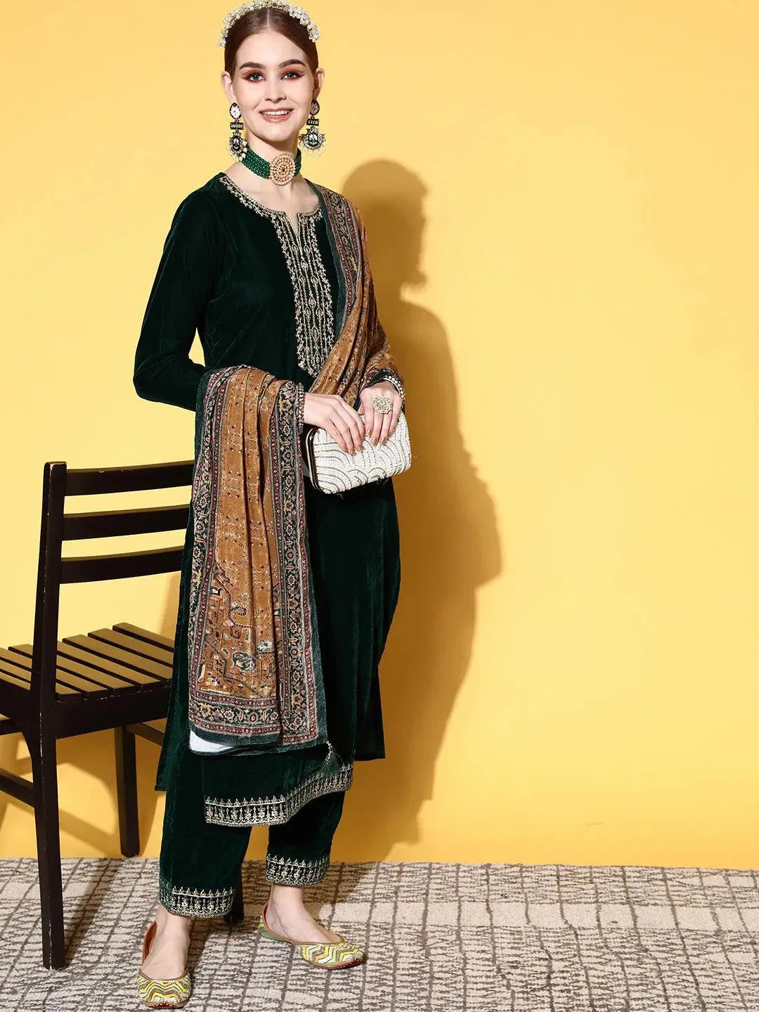 Green Yoke Design Velvet Straight Suit Set - Libas 