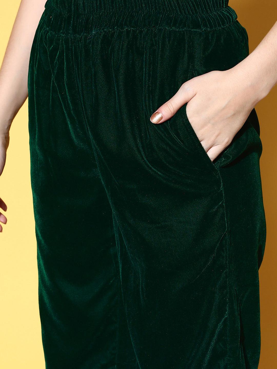Green Yoke Design Velvet Straight Kurta With Trousers & Dupatta