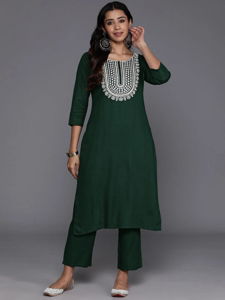 Libas Green Yoke Design Wool Blend Straight Kurta Set